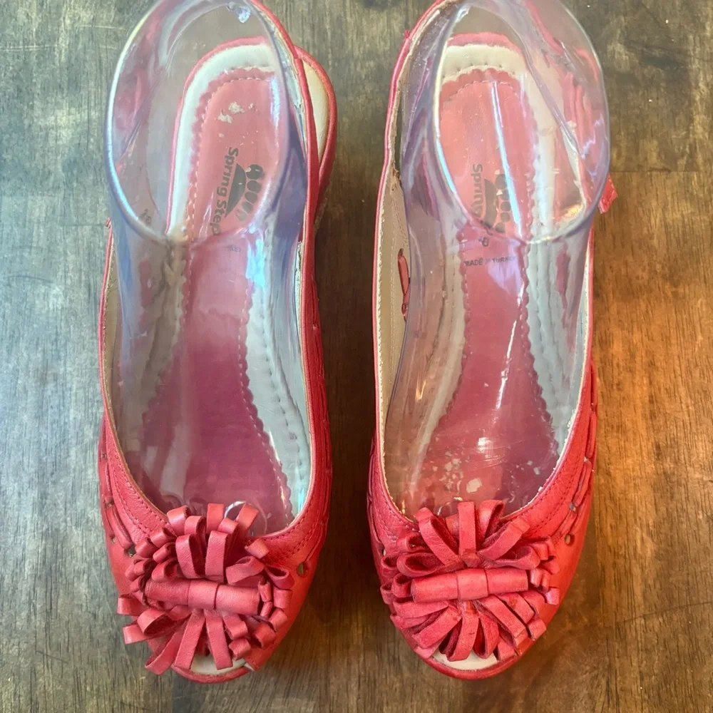 SPRING STEP Red Shoes! Open Toe. Back Strap! 2” wedge heel. Size 8.